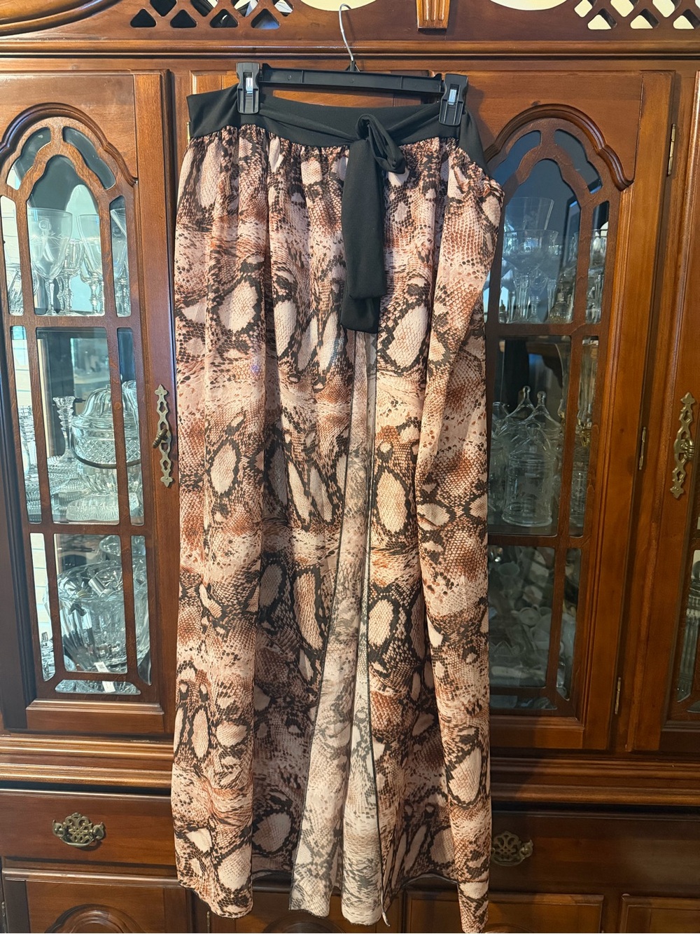 Brown Snake-Print Swimsuit Cover Upwith Black Waist Tie
